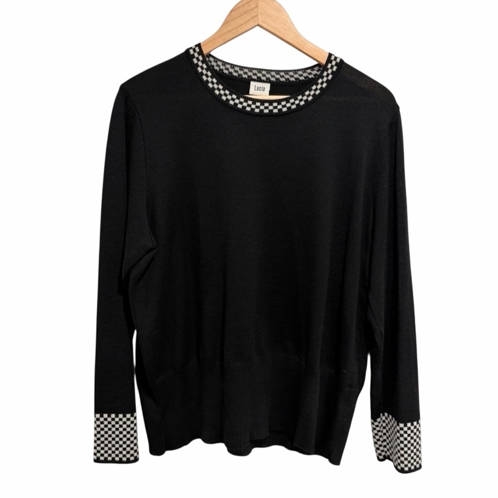 Lucia Wool Blend Black Long Sleeve Crewneck Sweater Checkered Collar Cuffs